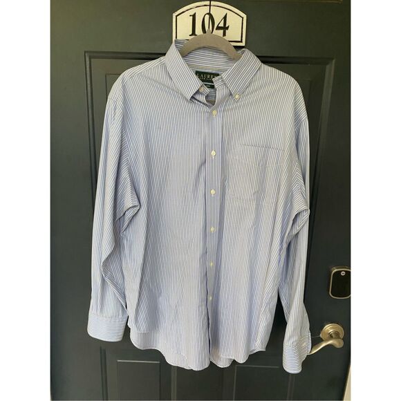 Lauren Ralph Lauren Blue Yellow Stripe Button-Down Shirt, Sz 16.5 / Medium - Picture 1 of 11